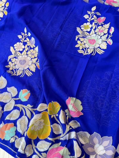 Pure premium georgette banarasi saree multi meena work in royal blue colour