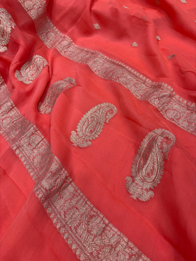 Pure khaddi chiffon saree in peach orange colour