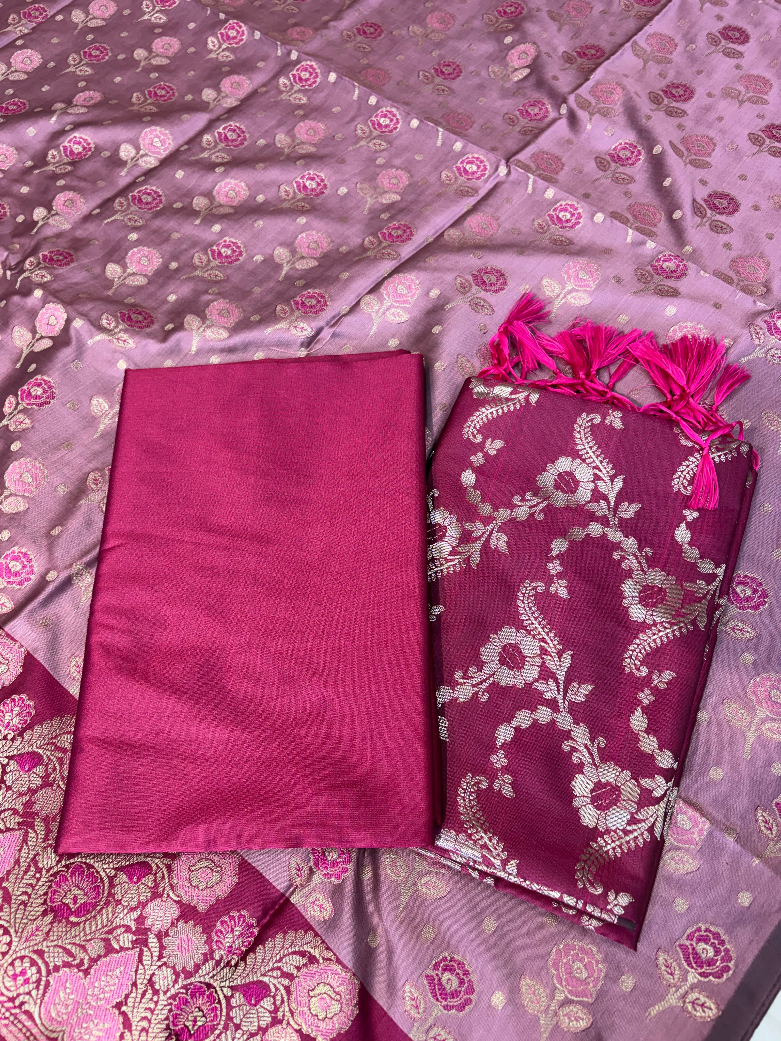 Banarasi soft silk suit in light dark pink colour
