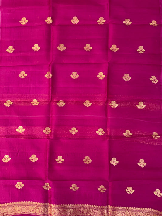 Pure Handloom Kora silk suit set in Rani pink colour