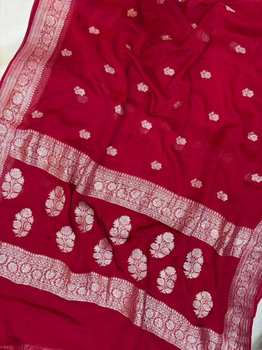 Maroon Red pure Khaddi Chiffon Banarasi Zari Border Saree