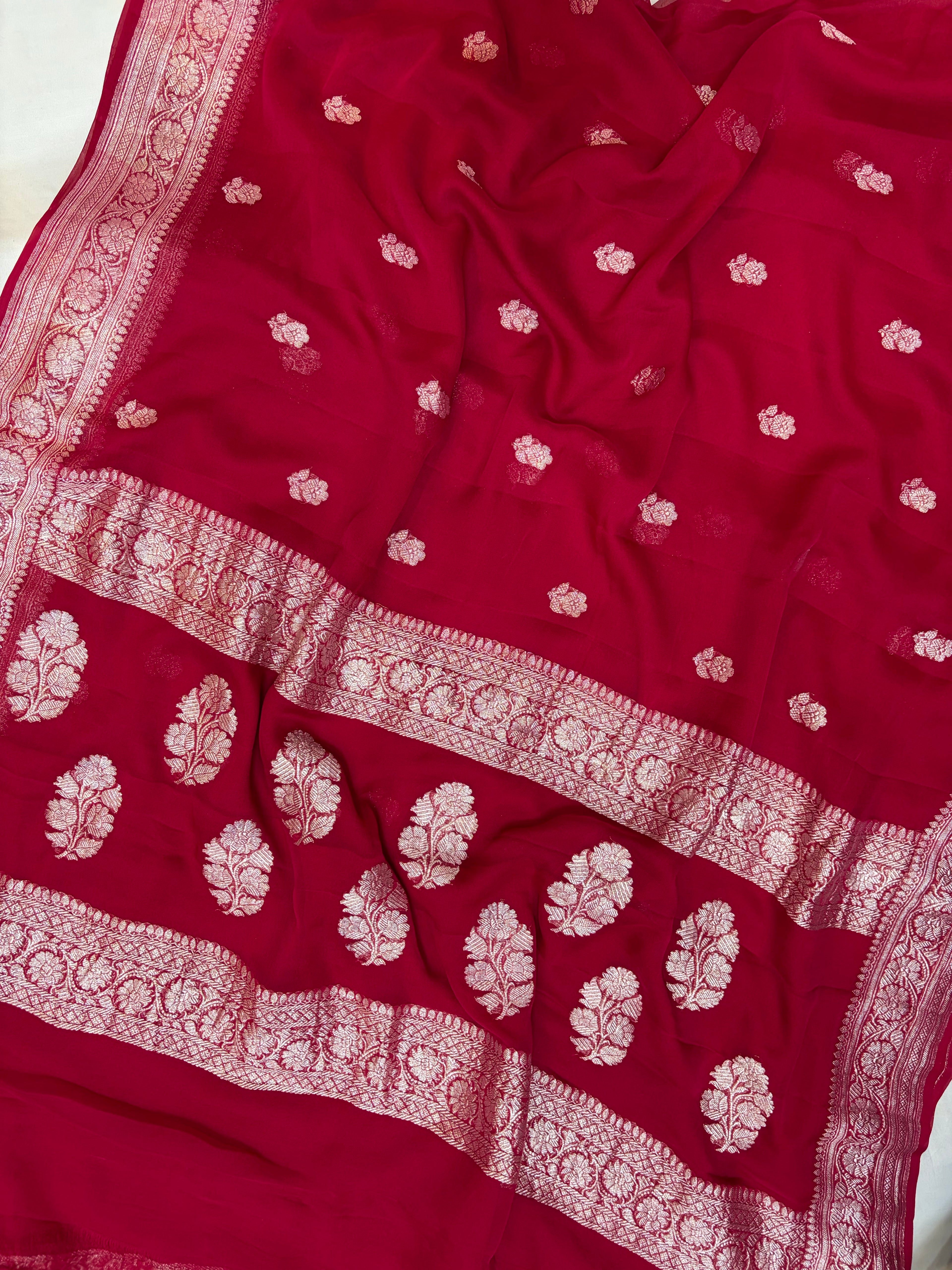 Maroon Red pure Khaddi Chiffon Banarasi Zari Border Saree