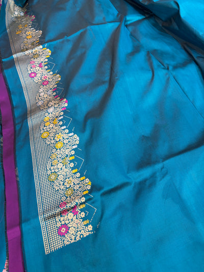 Beautiful Pure handloom katan silk sareee in peacock blue colour