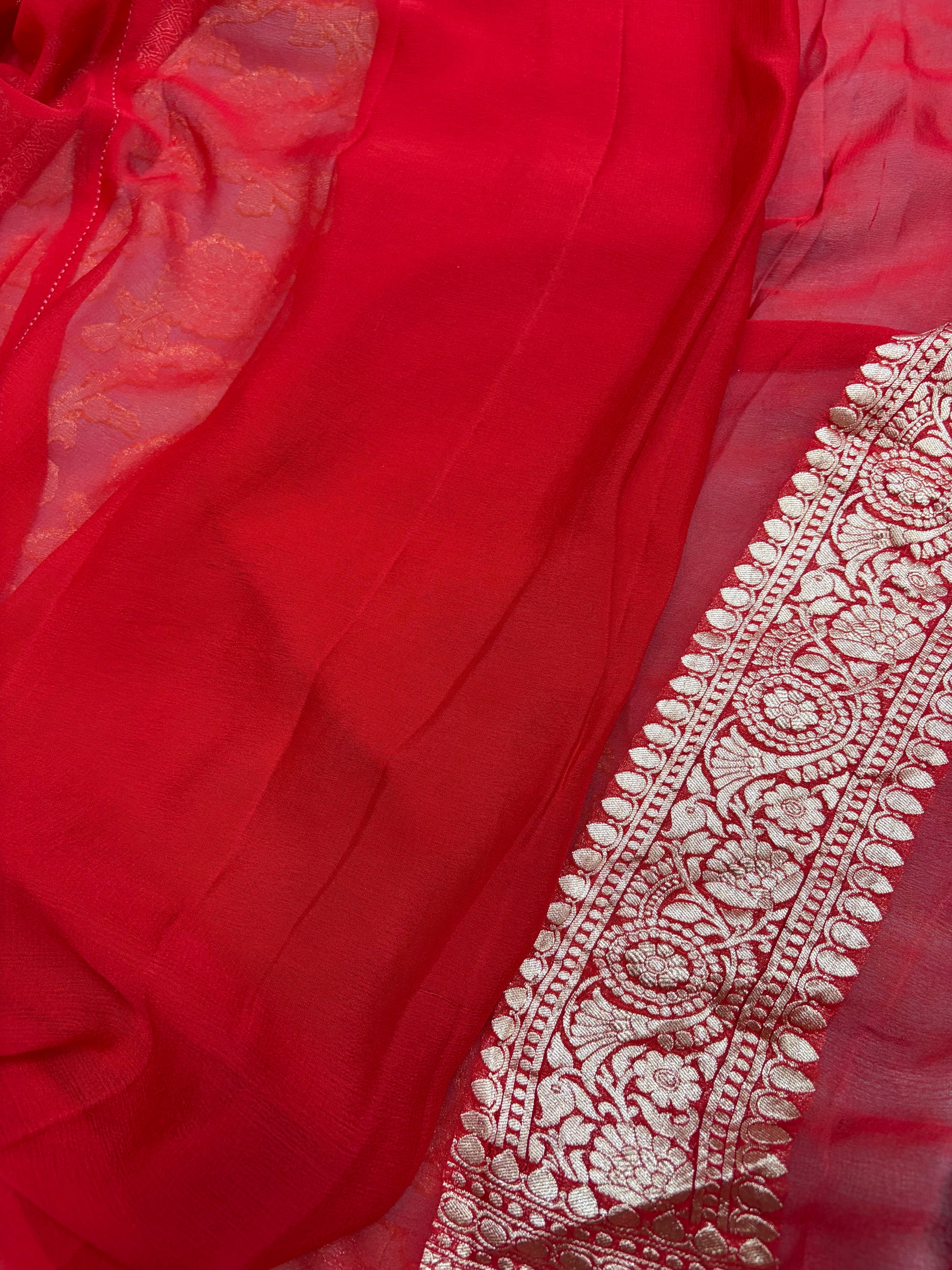 Pure Banarasi handloom georgette silk saree in sky lie with red colour