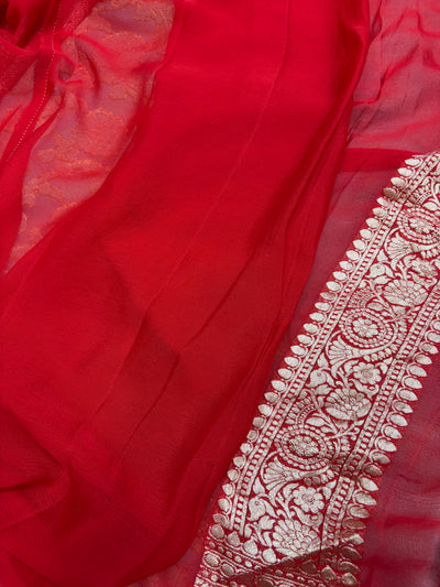Pure Banarasi handloom georgette silk saree in sky lie with red colour