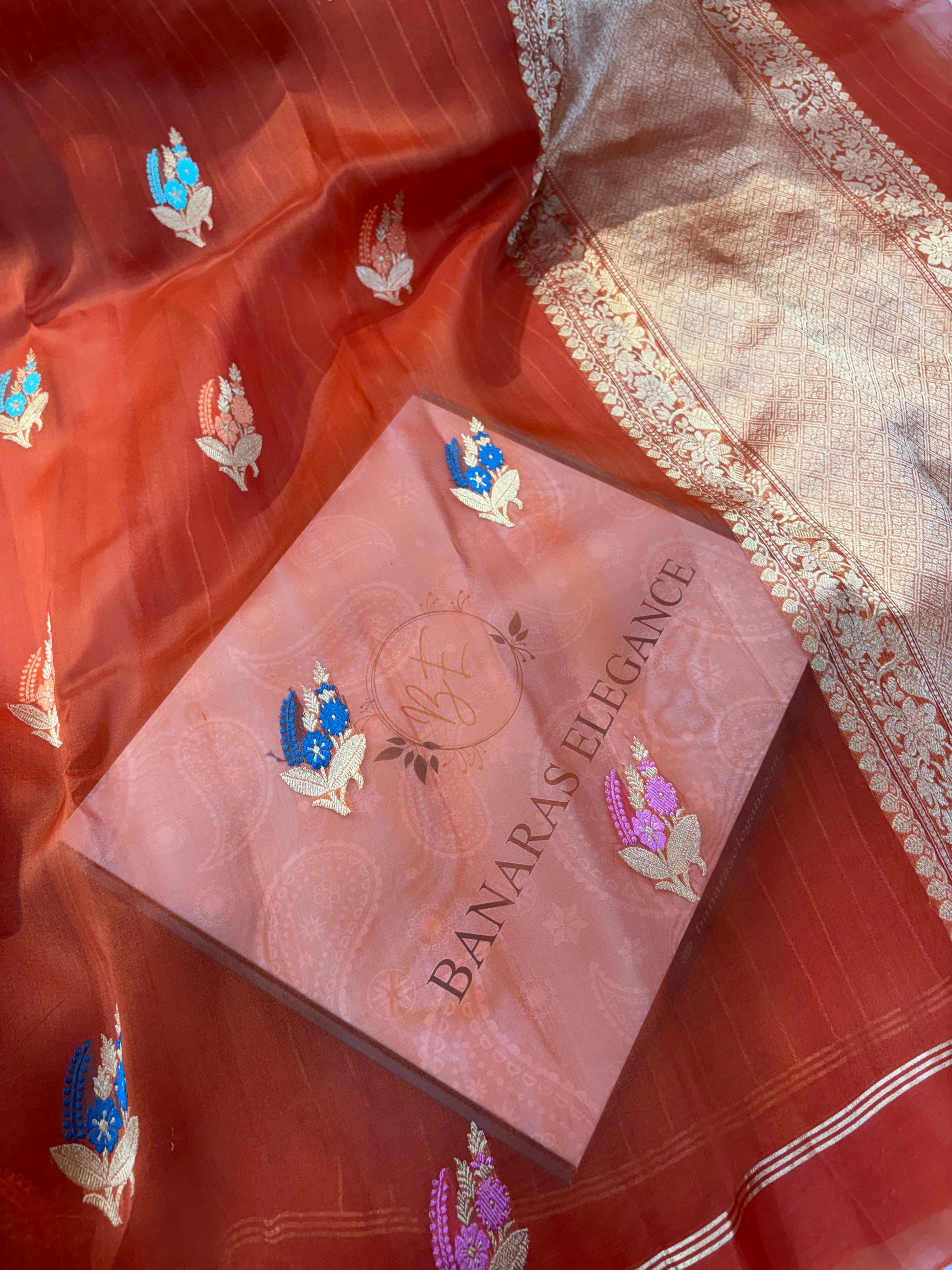 Pure handloom organza silk saree in rust orange  colour