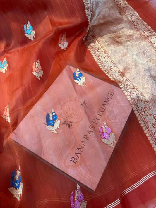 Pure handloom organza silk saree in rust orange  colour