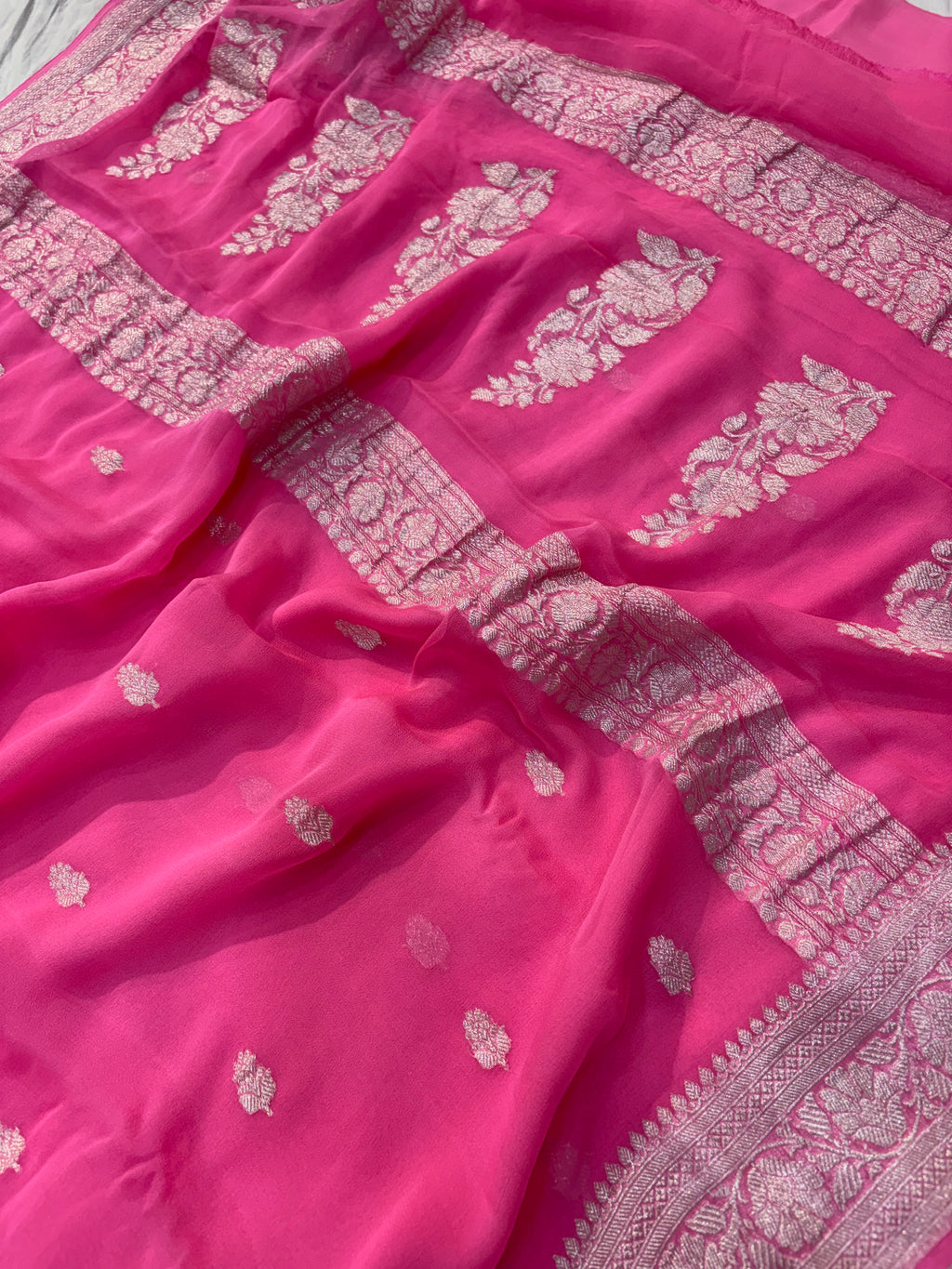 Pure khaddi chiffon saree in fuchsia pink colour