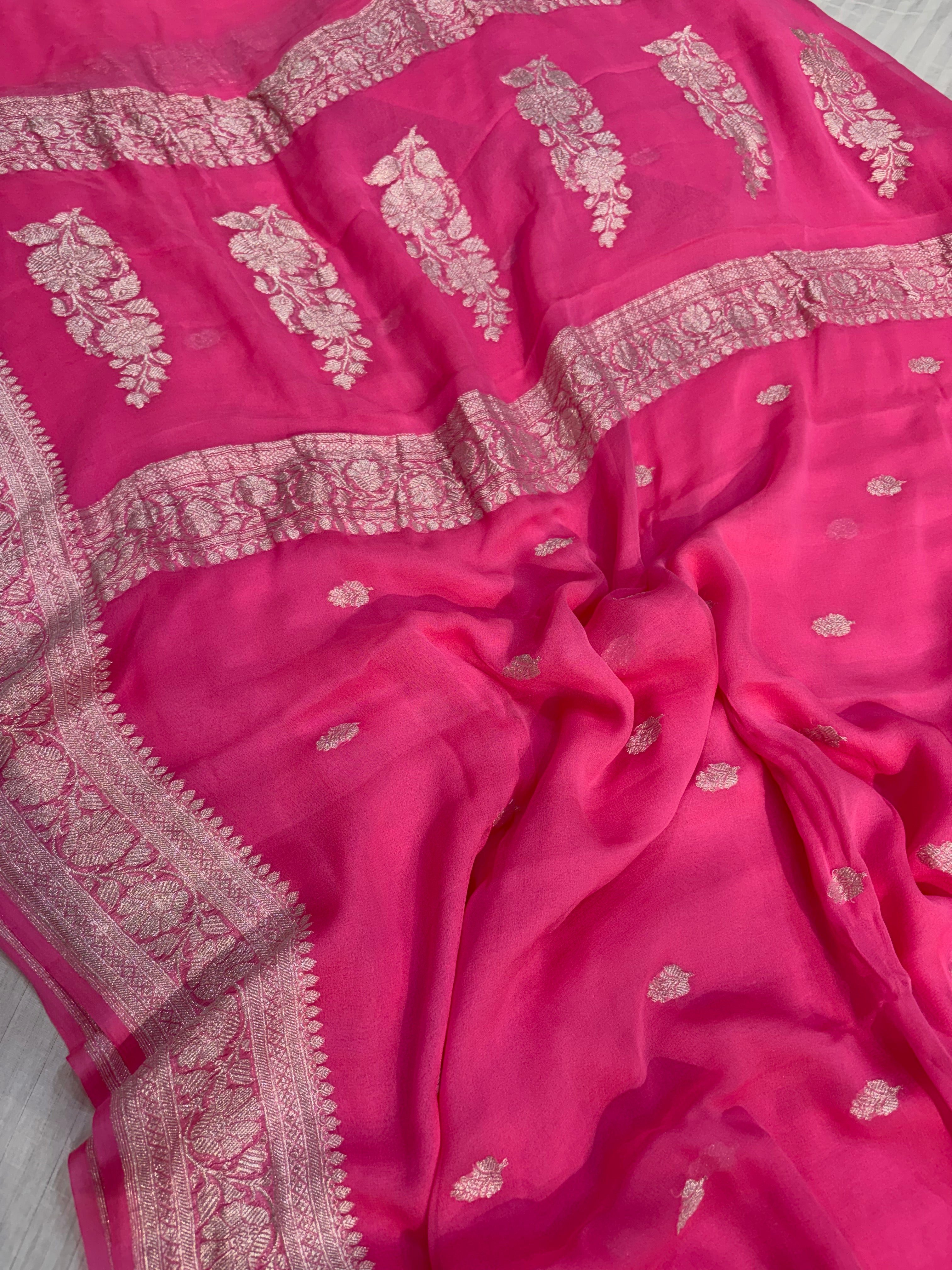 Pure khaddi chiffon saree in fuchsia pink colour