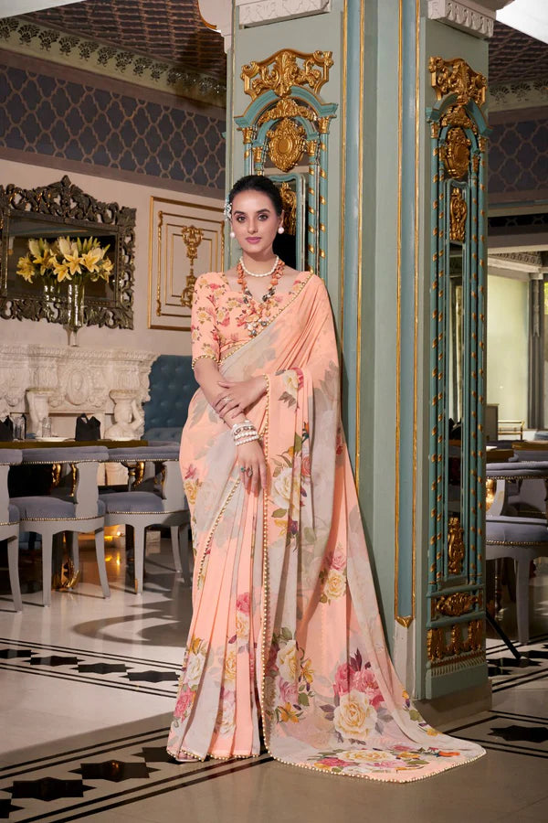 Peach Pure Georgette Weightless Flower Printed Georgette Saree