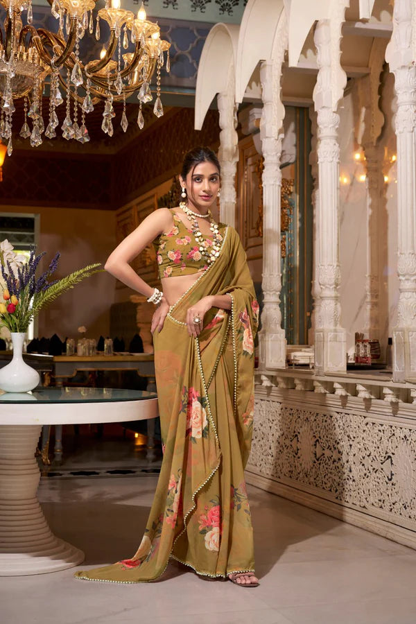 Brown Pure Georgette Weightless Flower Printed Georgette Saree