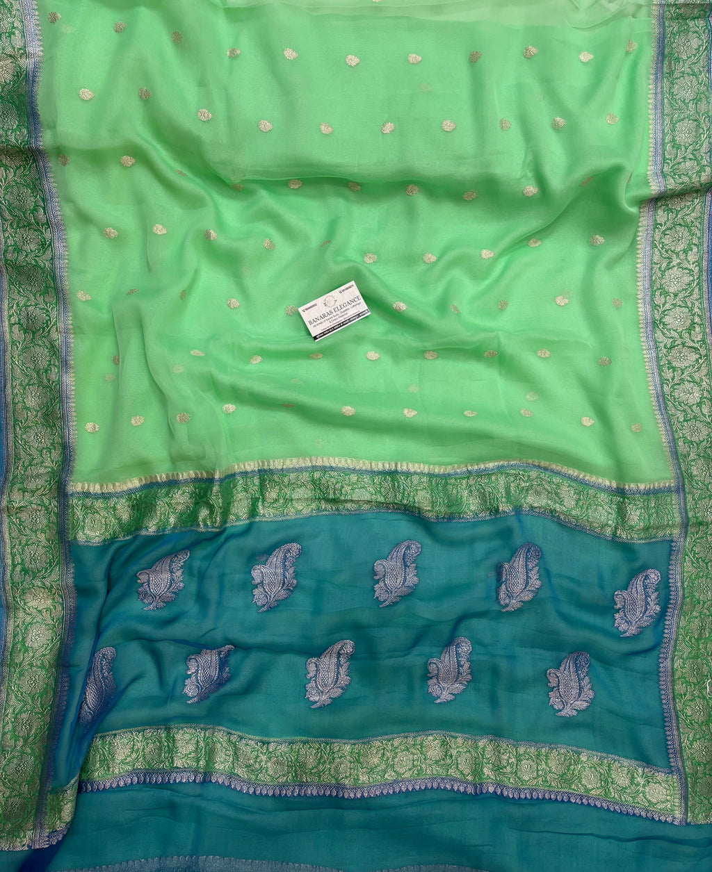Blue & Sea Green Contrast Pure Khaddi Chiffon Banarasi Border Booti Saree