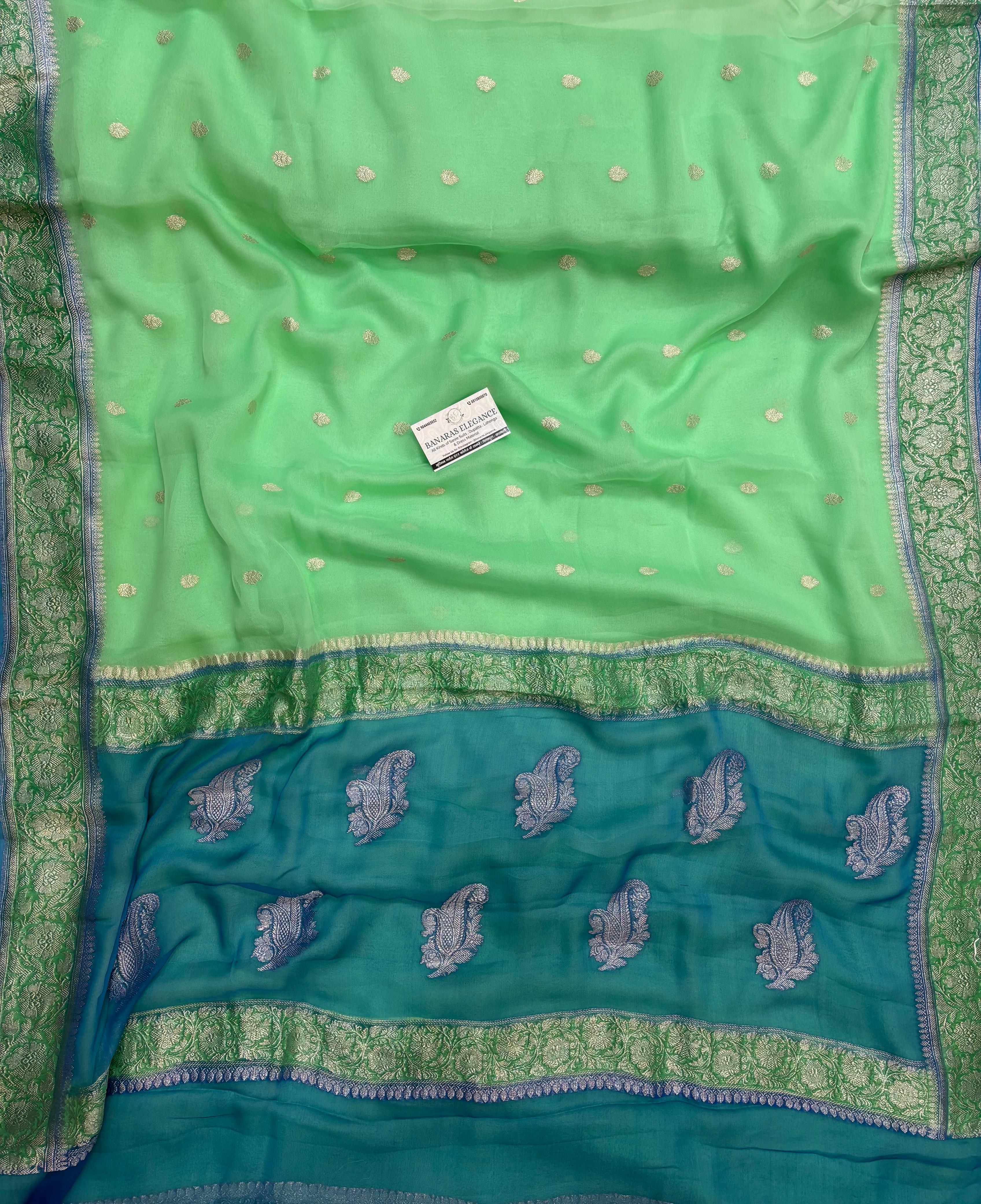 Blue & Sea Green Contrast Pure Khaddi Chiffon Banarasi Border Booti Saree