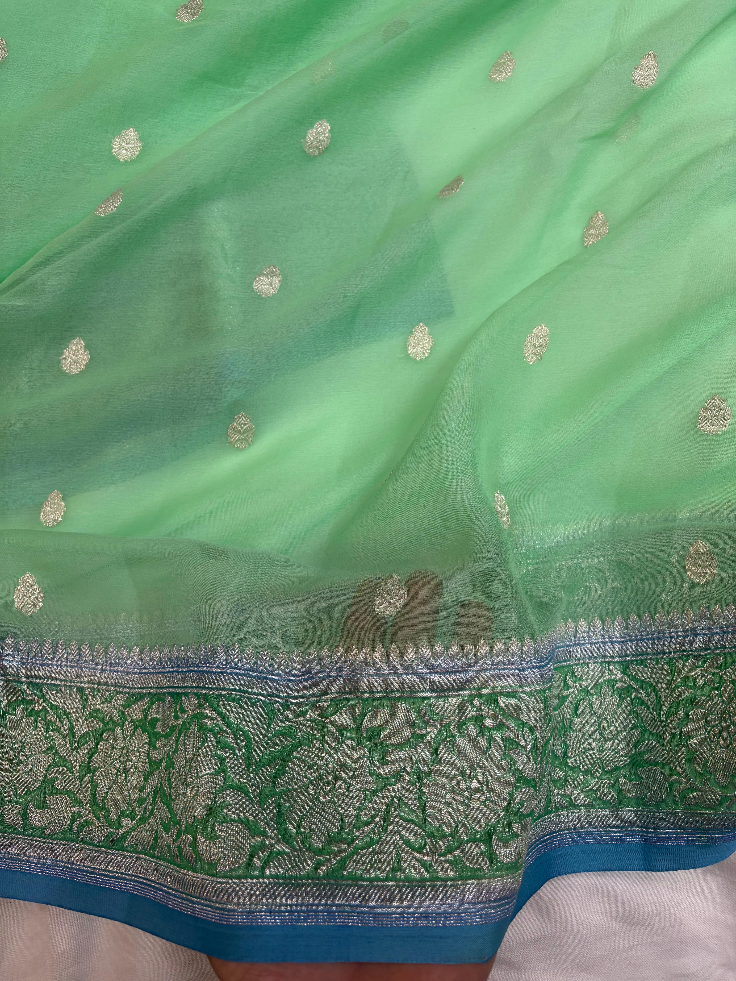 Blue & Sea Green Contrast Pure Khaddi Chiffon Banarasi Border Booti Saree