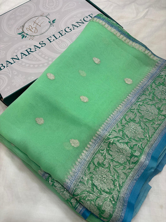 Blue & Sea Green Contrast Pure Khaddi Chiffon Banarasi Border Booti Saree