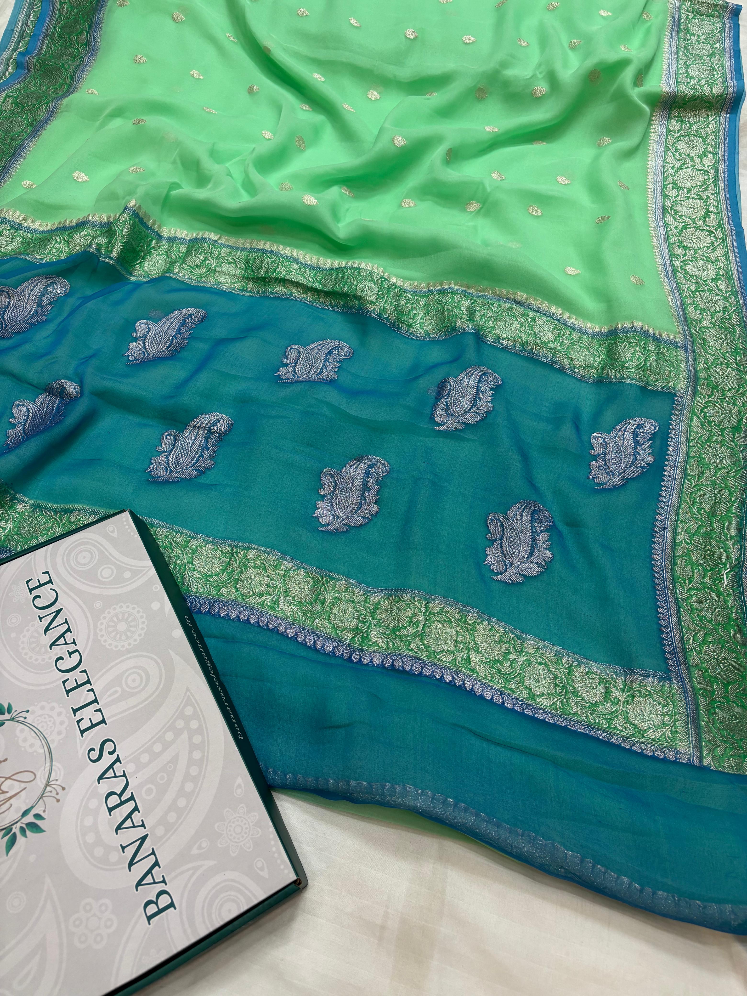 Blue & Sea Green Contrast Pure Khaddi Chiffon Banarasi Border Booti Saree