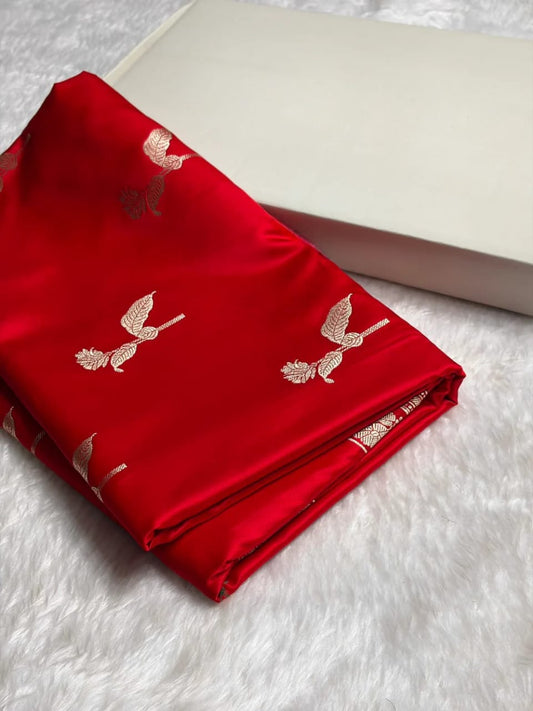 Red Mashru Silk Saree With Zari Border Carry Anchal Boota Saree