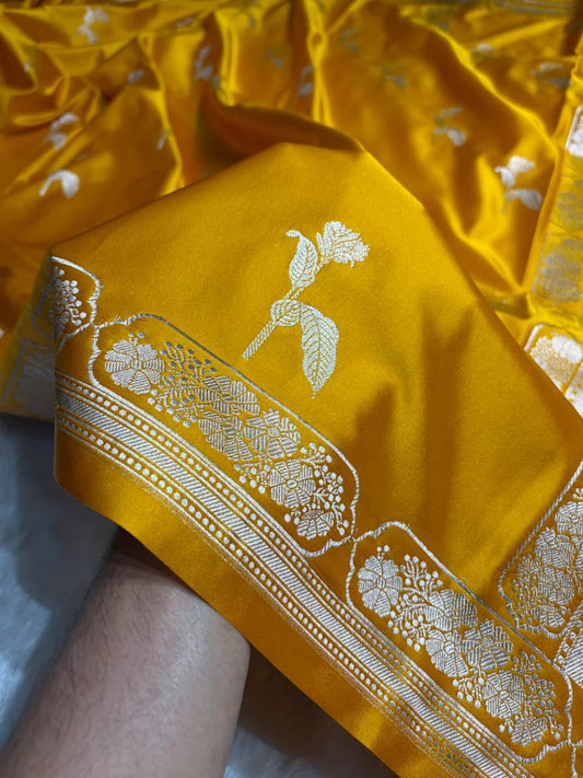 Mustard Mashru Silk Saree With Zari Border Carry Anchal Boota Saree
