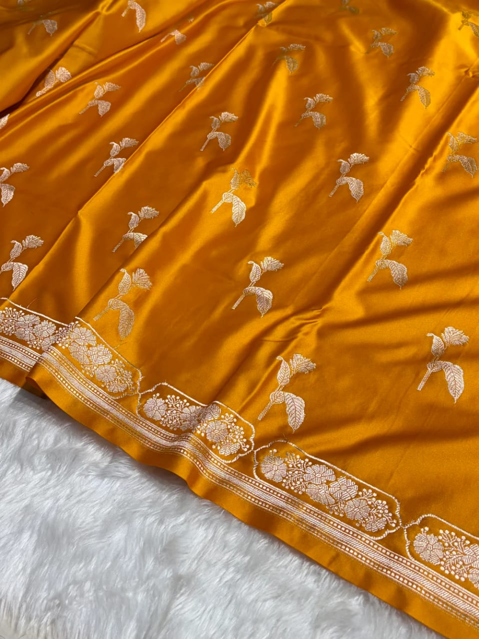 Mustard Mashru Silk Saree With Zari Border Carry Anchal Boota Saree