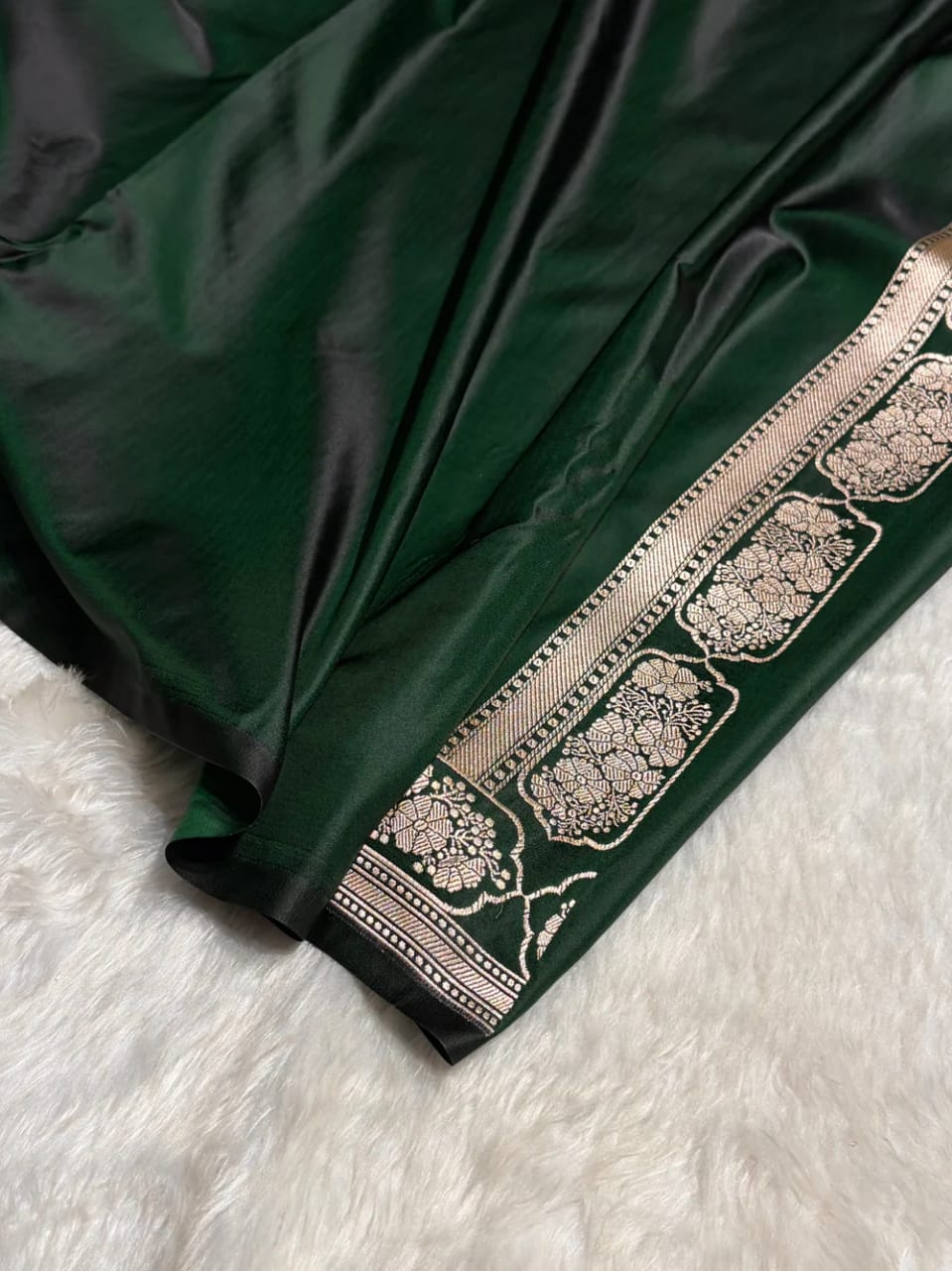 Bottle Green Mashru Silk Saree With Zari Border Carry Anchal Boota Saree