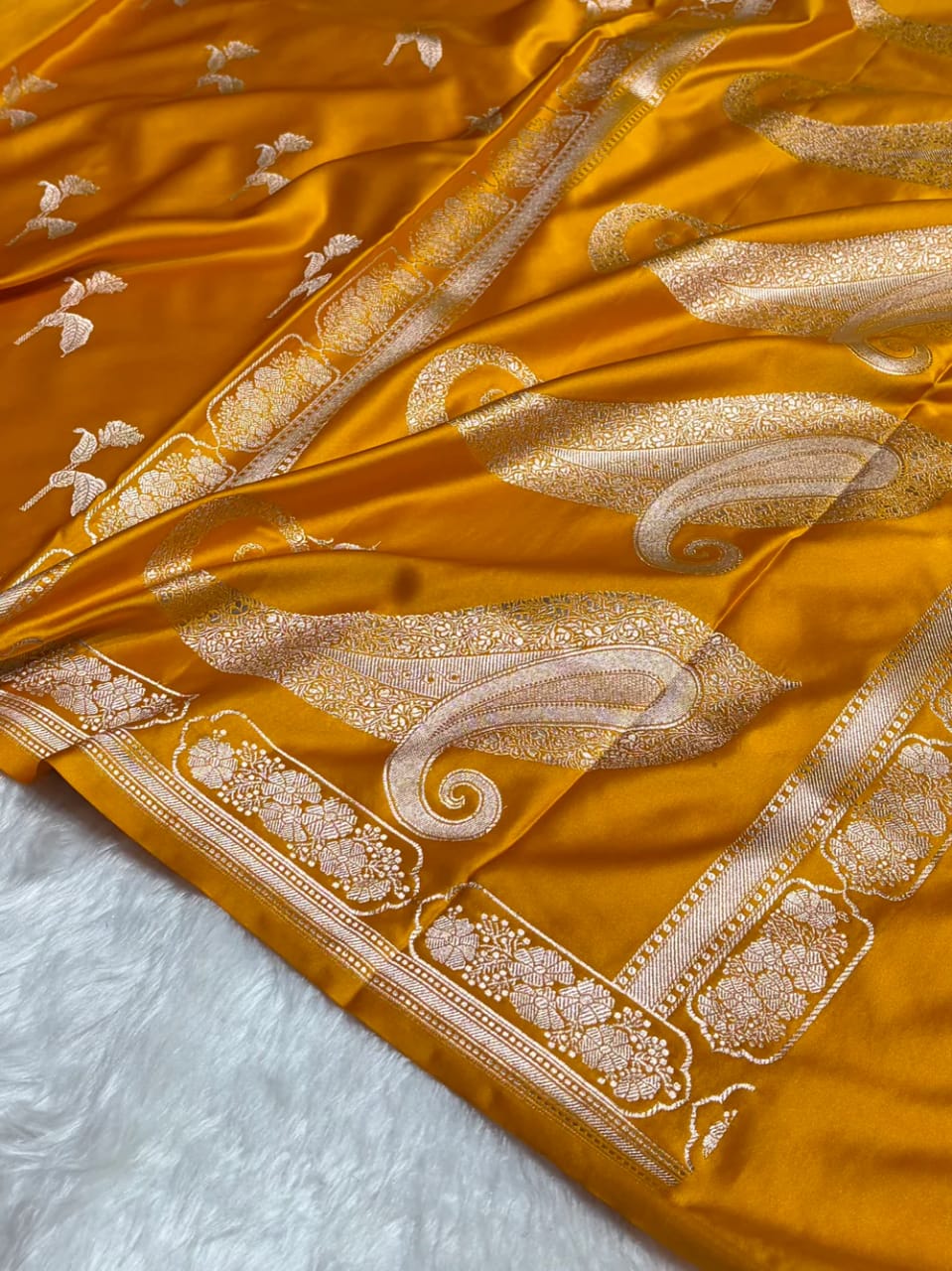 Mustard Mashru Silk Saree With Zari Border Carry Anchal Boota Saree