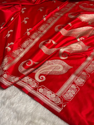Red Mashru Silk Saree With Zari Border Carry Anchal Boota Saree