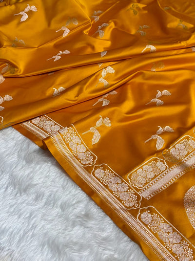 Mustard Mashru Silk Saree With Zari Border Carry Anchal Boota Saree
