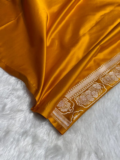 Mustard Mashru Silk Saree With Zari Border Carry Anchal Boota Saree