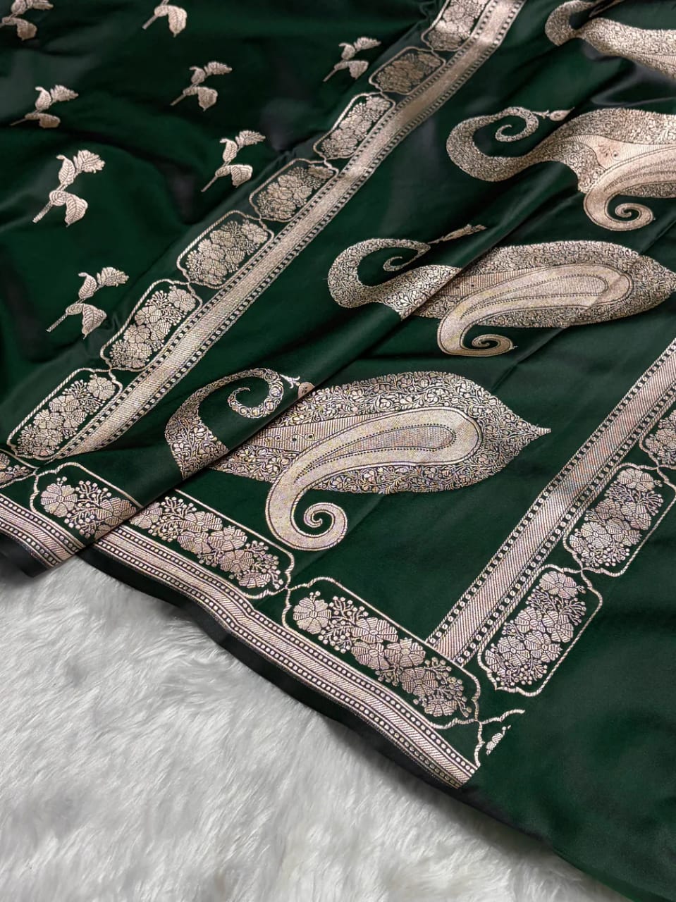 Bottle Green Mashru Silk Saree With Zari Border Carry Anchal Boota Saree