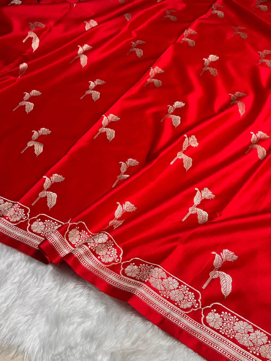 Red Mashru Silk Saree With Zari Border Carry Anchal Boota Saree