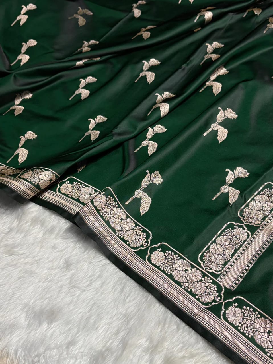 Bottle Green Mashru Silk Saree With Zari Border Carry Anchal Boota Saree