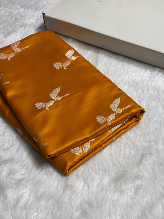 Mustard Mashru Silk Saree With Zari Border Carry Anchal Boota Saree