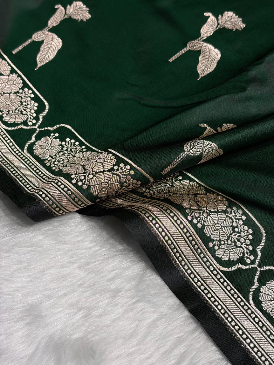 Bottle Green Mashru Silk Saree With Zari Border Carry Anchal Boota Saree