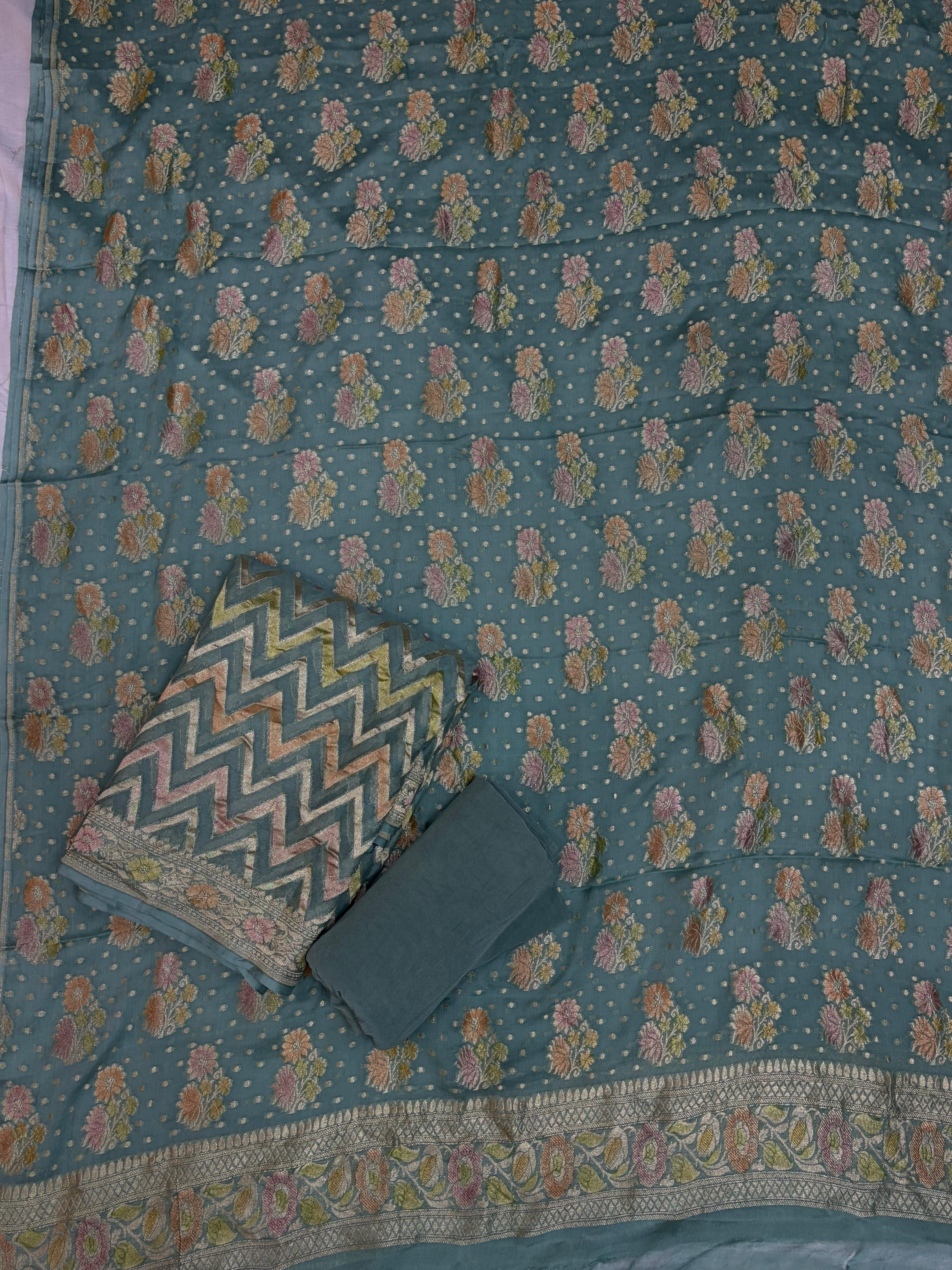 Grey Hand Brush Dye Pure Georgette Suit Set