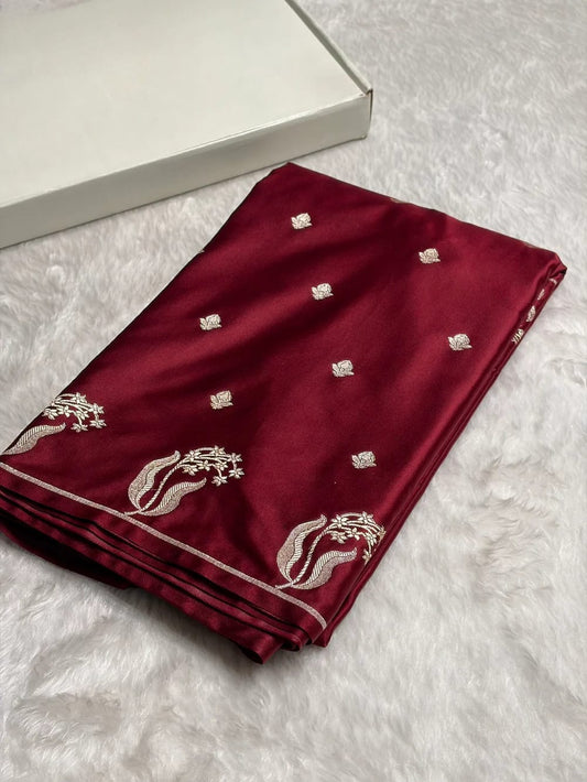 Garnet Mashru Silk Saree With Zari Boota Border Booti Saree
