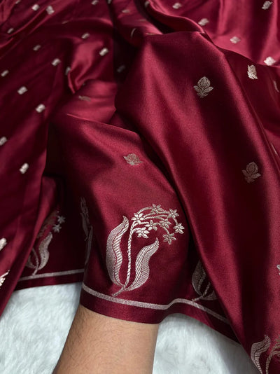 Garnet Mashru Silk Saree With Zari Boota Border Booti Saree