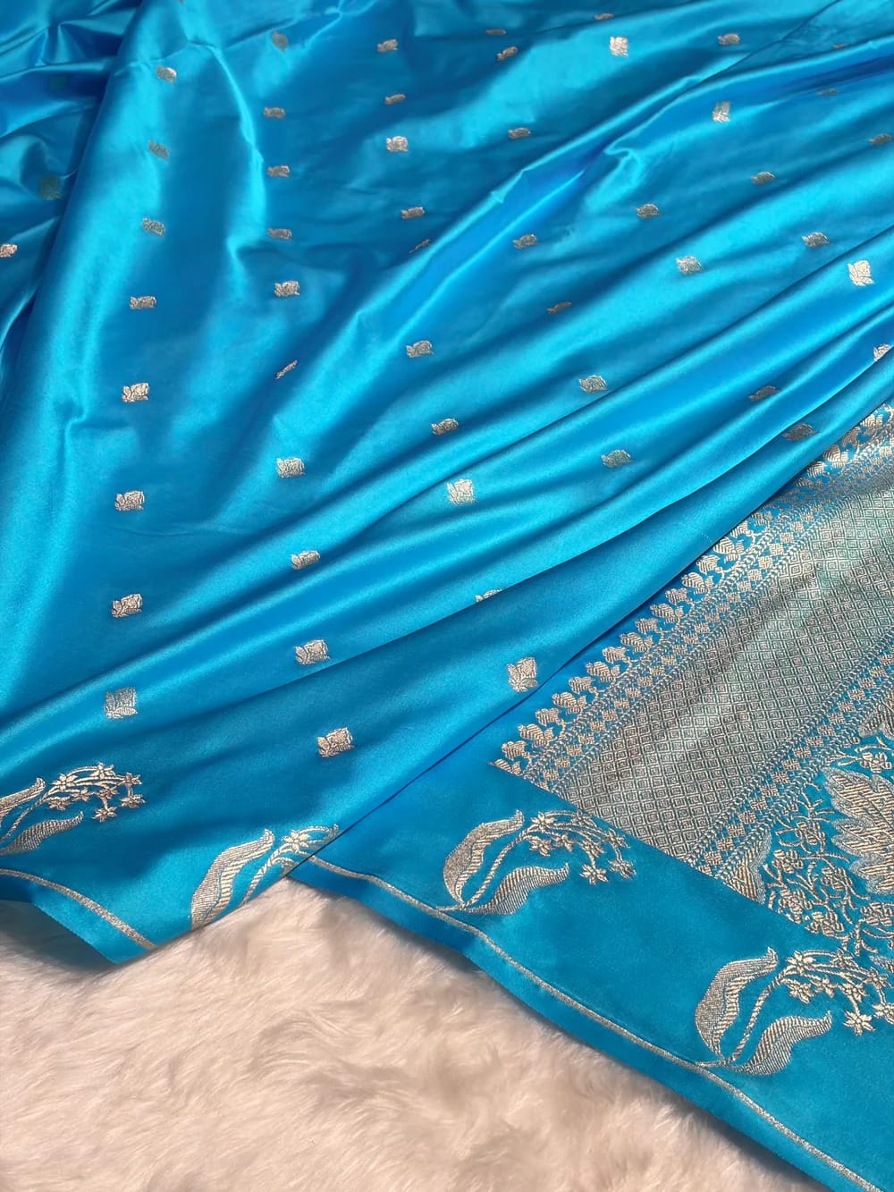 Firozi Mashru Silk Saree With Zari Boota Border Booti Saree