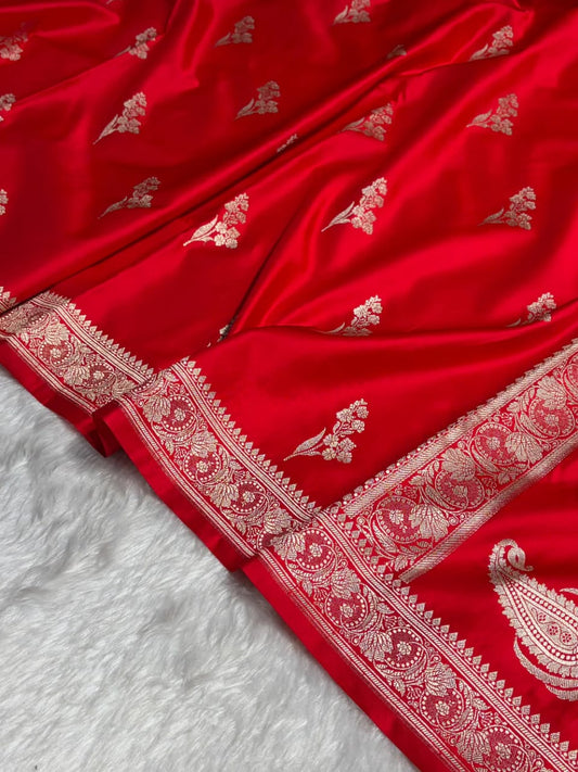 Red Mashru Silk Zari Banarasi Border Boota Saree