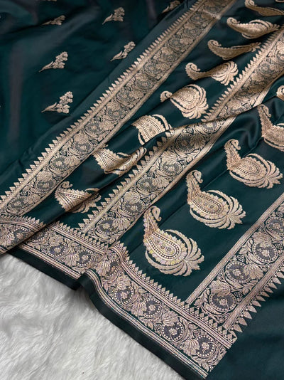 Bottle Green Mashru Silk Zari Banarasi Border Boota Saree