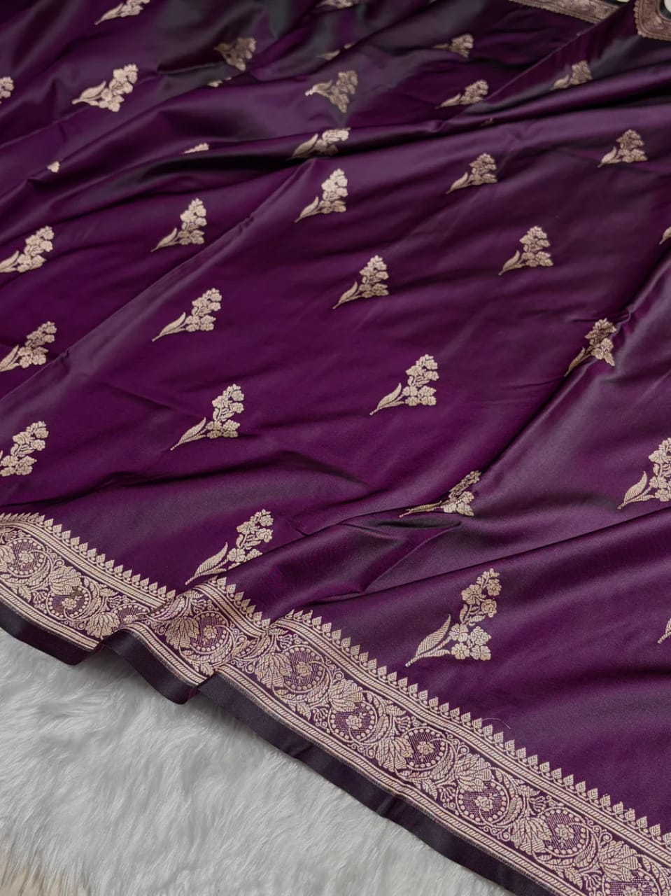 Purple Mashru Silk Zari Banarasi Border Boota Saree