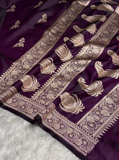 Purple Mashru Silk Zari Banarasi Border Boota Saree