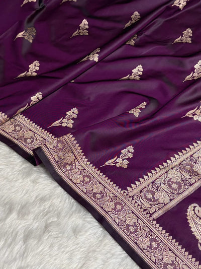 Purple Mashru Silk Zari Banarasi Border Boota Saree