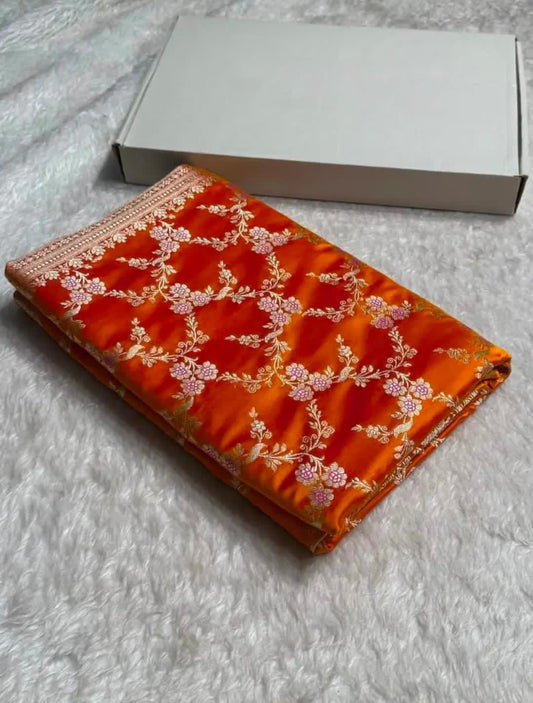 Orange Mashru Silk Zari Banarasi Border Jaal Saree