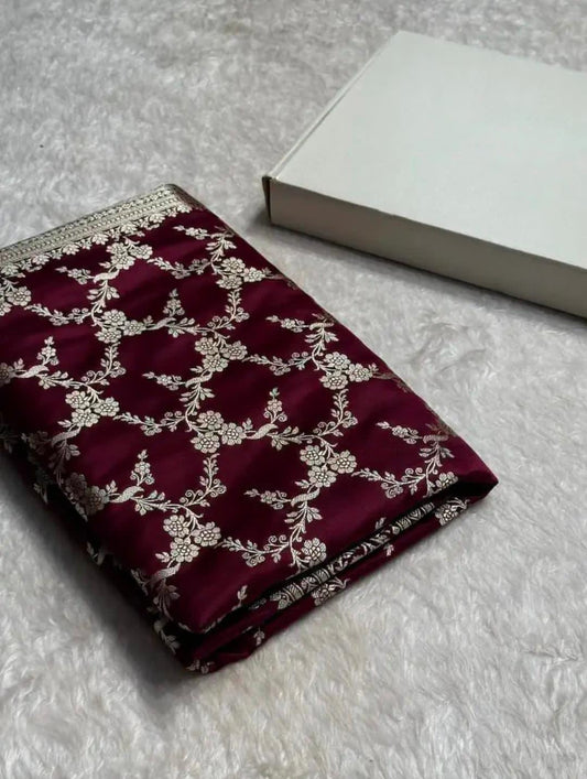 Garnet Mashru Silk Zari Banarasi Border Jaal Saree