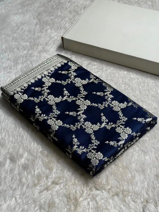 Navy Blue Mashru Silk Zari Banarasi Border Jaal Saree