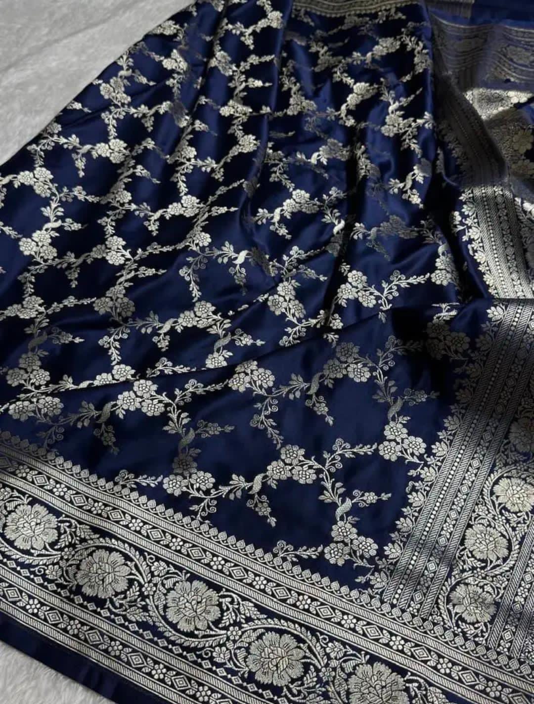 Navy Blue Mashru Silk Zari Banarasi Border Jaal Saree