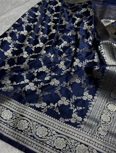 Navy Blue Mashru Silk Zari Banarasi Border Jaal Saree