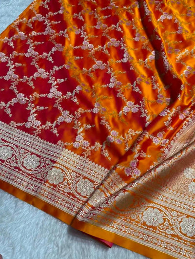 Orange Mashru Silk Zari Banarasi Border Jaal Saree