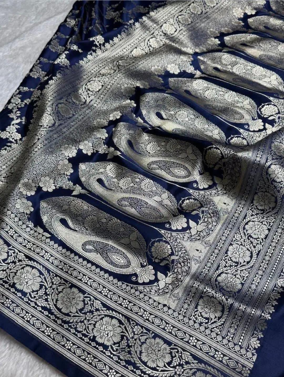 Navy Blue Mashru Silk Zari Banarasi Border Jaal Saree