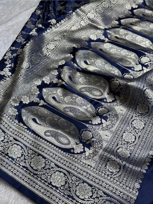Navy Blue Mashru Silk Zari Banarasi Border Jaal Saree
